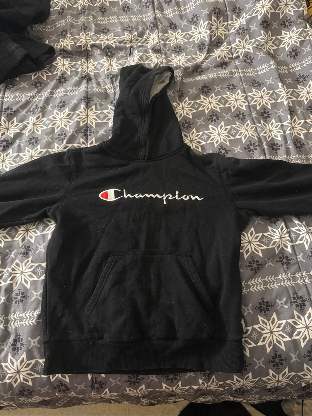 Champion Black Hoodie with Script Logo and Red Accent